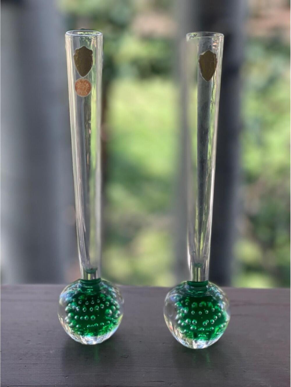 2 MCM Glass Vases Holmegaard Green Controlled Bubble Holmegaard Made In Denmark